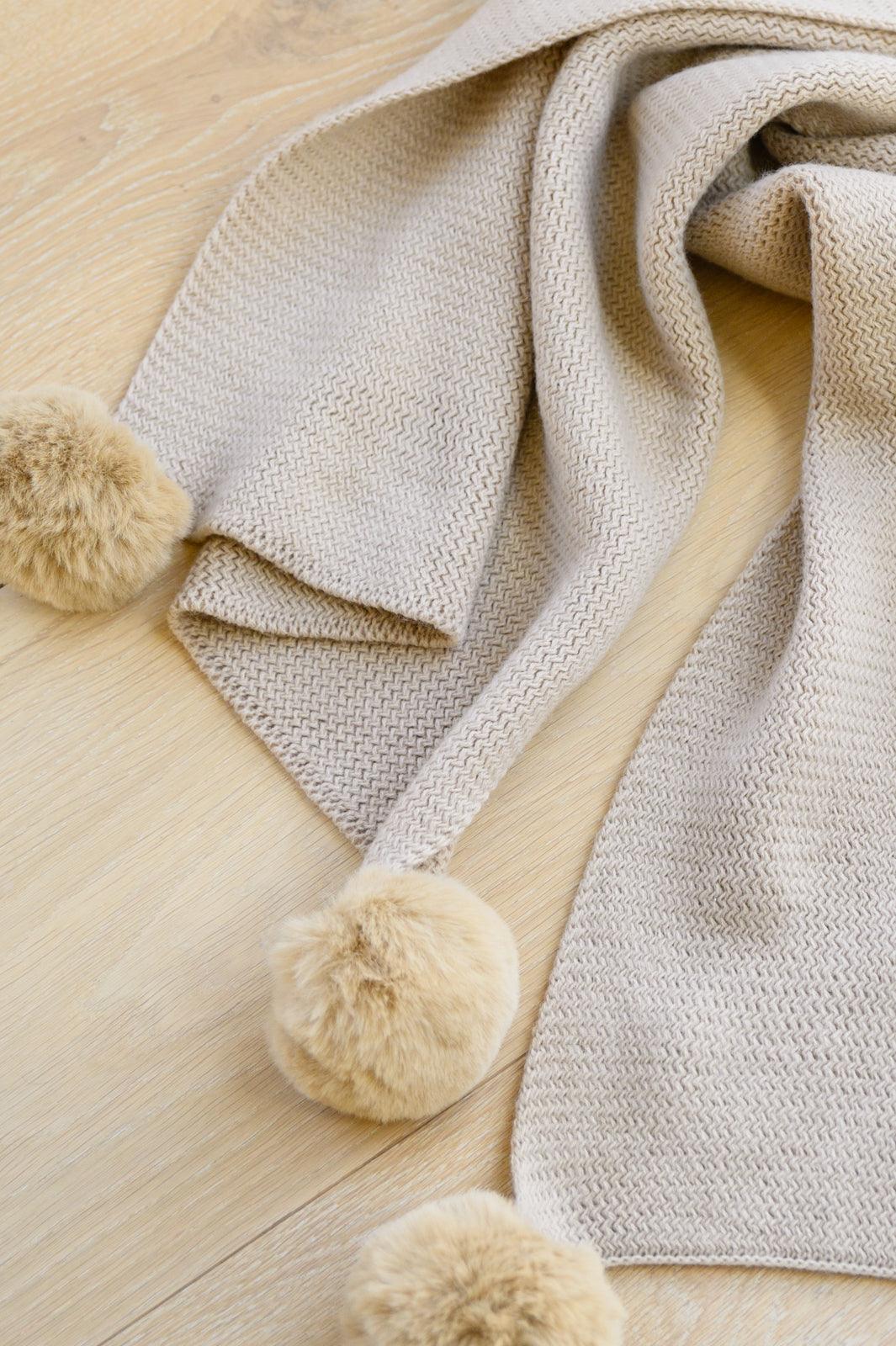 Knitted Fuzzy Pom Pom Scarf In Beige-Womens-Hope Boutique &amp; Apparel