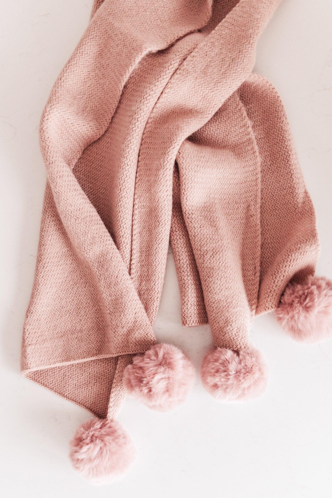 Knitted Fuzzy Pom Pom Scarf In Blush-Womens-Hope Boutique &amp; Apparel